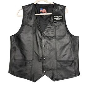 Leather U.S.A. Vest Mens Large Black Leather Biker USA Eagle Flag Snap Patriotic